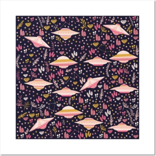 Pink UFO Pattern with stars and crystals Posters and Art